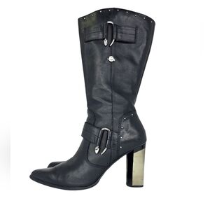 Harley-Davidson Carrie Tall Dress Black Heeled Boots Silver Accents Chrome Sz 11